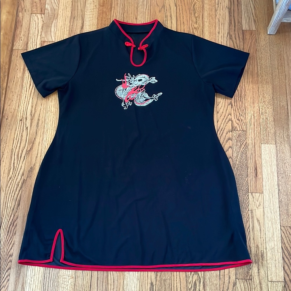 SHEIN Black Dress with Red Trim and Dragon Design